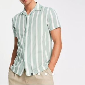 NWT Selected / Homme revere short sleeve button down shirt in green Lily stripes